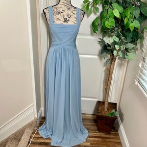 BCBGMAXAZRIA Pleated Stretch Crepe Floor-Length Gown Dusty Blue Sz XS